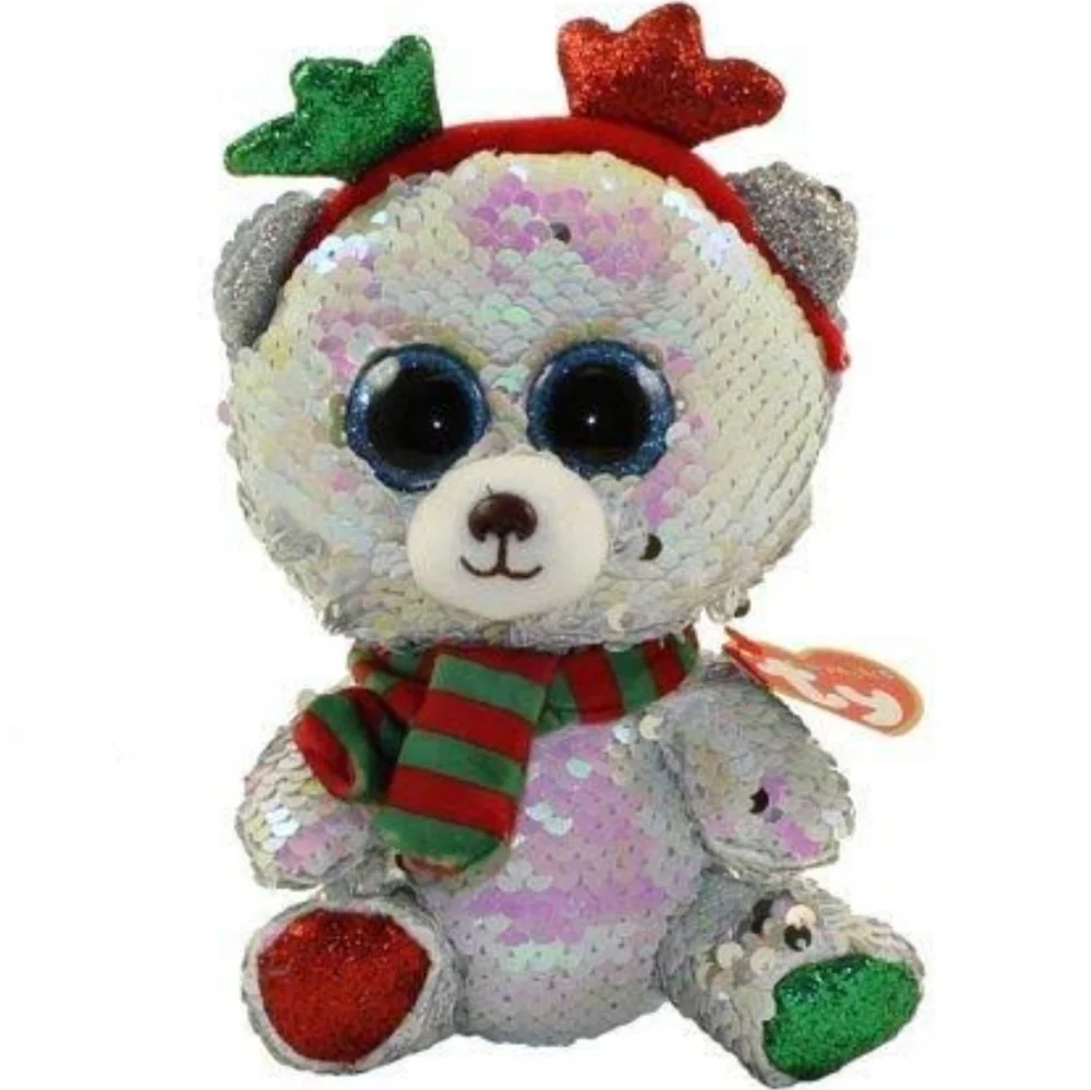 TY BEANIE CHRISTMAS SEQUIN BEAR WITH ANTLERS MISTLETOE MEDIUM